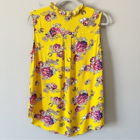 ModCloth Mustard Yellow Floral Like the Wind Tie-Neck Sleeveless Blouse Medium - Picture 10 of 13